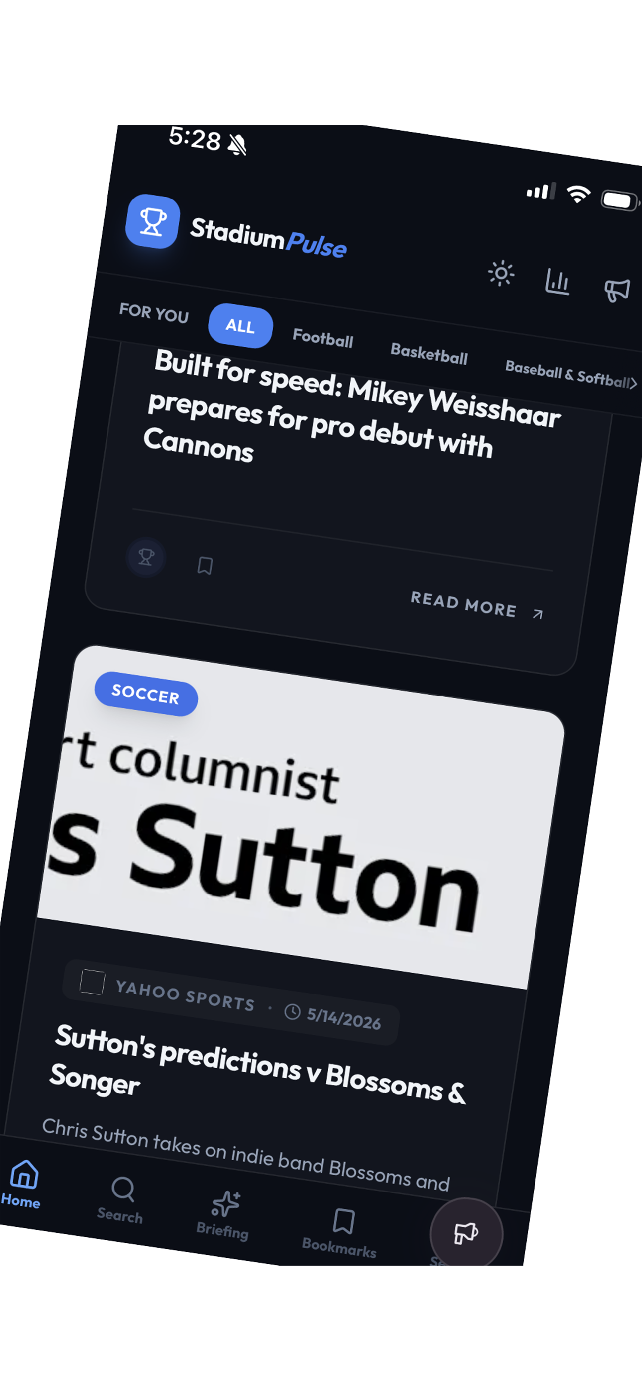 StadiumPulse app interface showing a personalized sports news feed